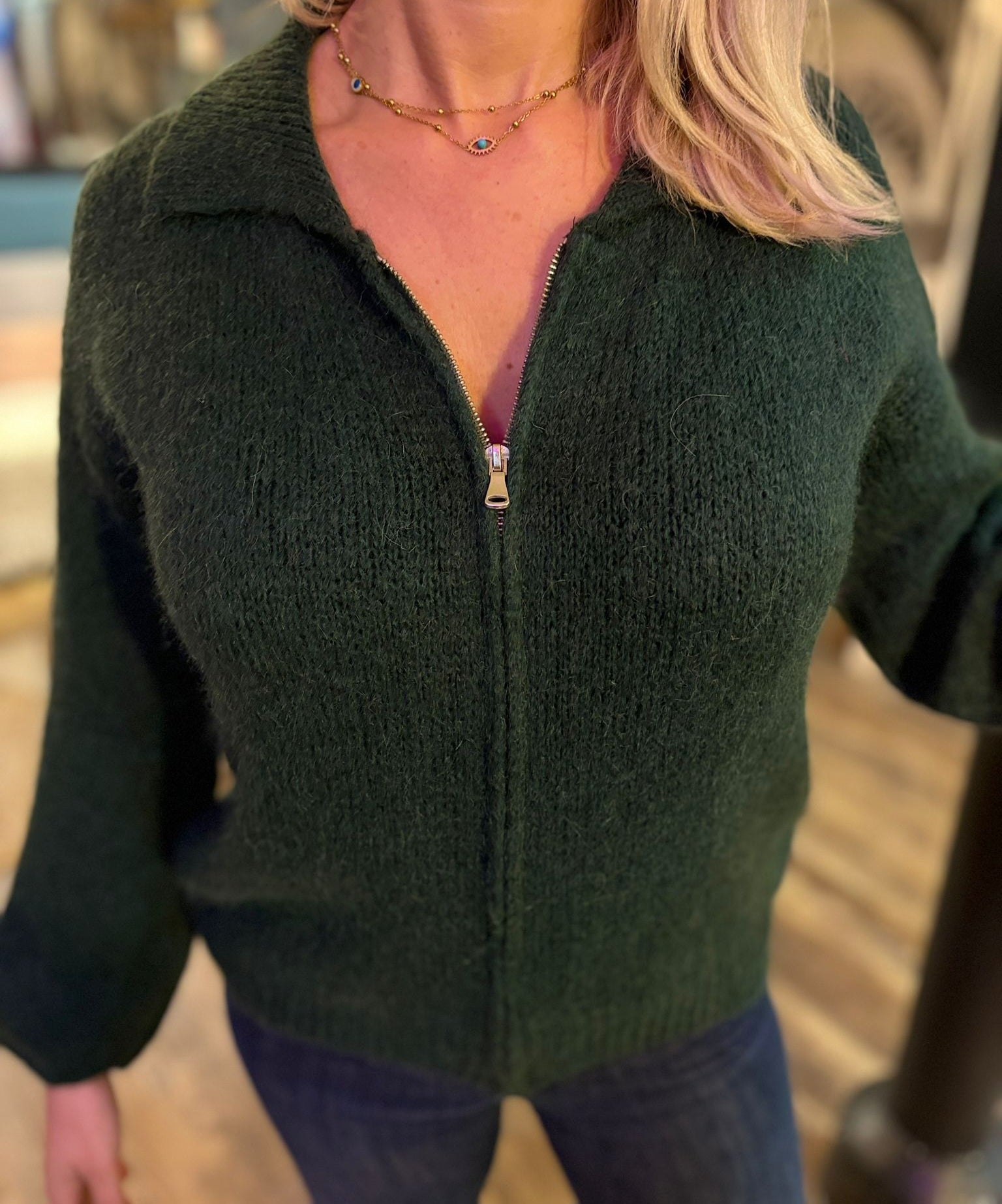 PULL GILET ZIP COL CHEMISE VERT SAPIN REF7826